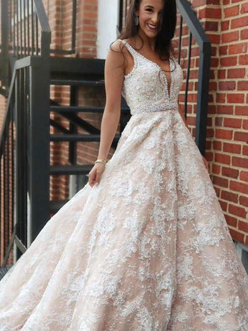 A-line V Neck Sweep Train Lace Wedding Gown Beading
