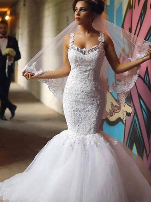 Mermaid Straps Sweep Train Organza Lace Bridal Dress Beading