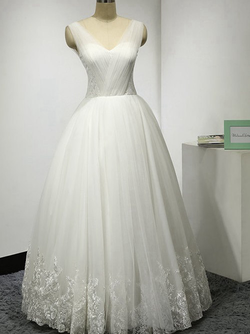 A-line V Neck Floor Length Organza Wedding Dress Lace