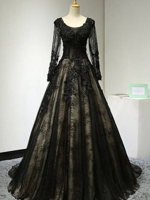 A-line Scoop Sweep Train Lace Black Wedding Dress
