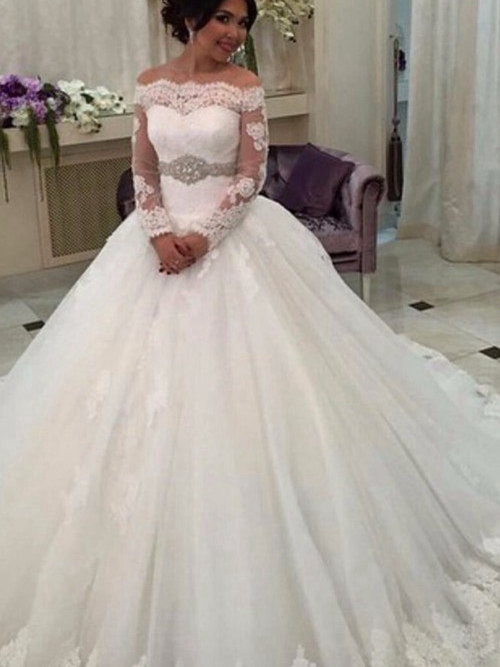 Ball Gown Off Shoulder Court Train Organza Bridal Wear Lace