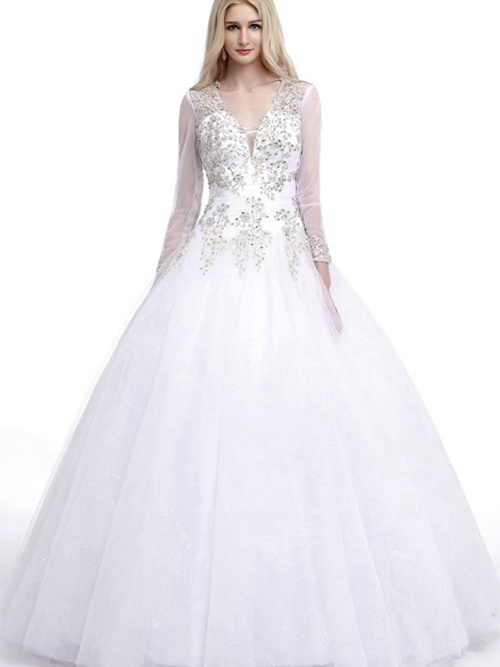 Princess V Neck Floor Length Organza Bridal Dress Beading