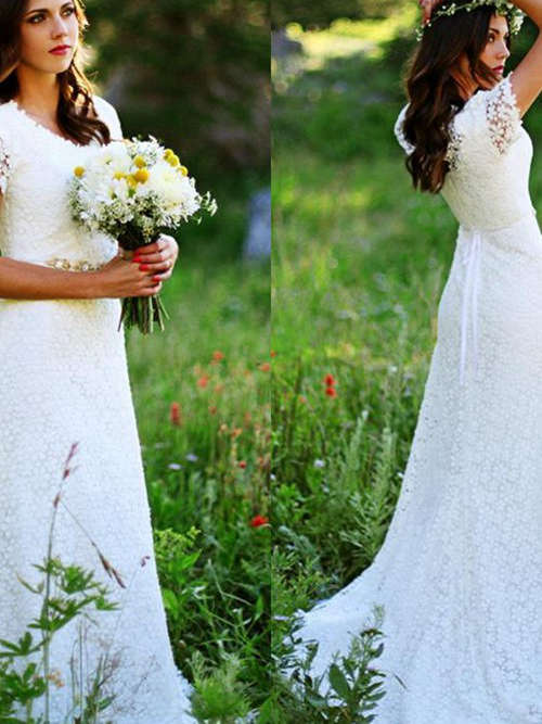 A-line V Neck Sweep Train Lace Wedding Gown