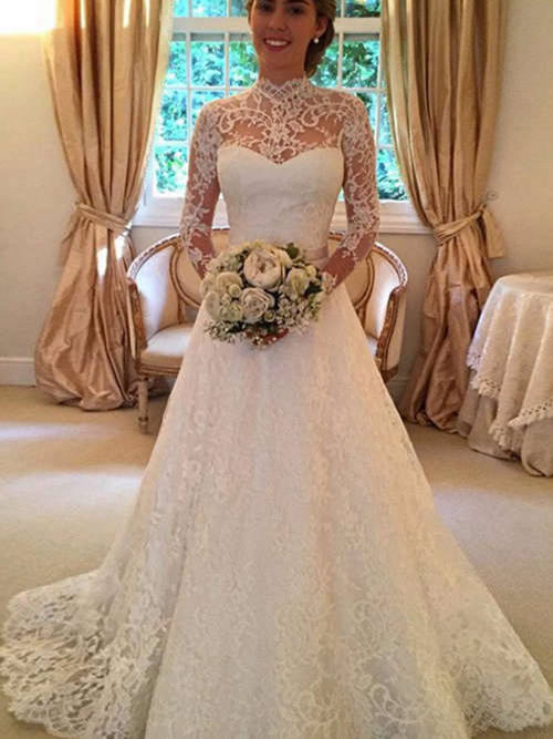 A-line High Neck Sweep Train Lace Wedding Dress Long Sleeves