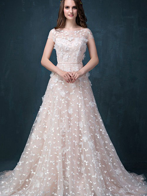 A-line Sheer Court Train Tulle Bridal Gown Applique