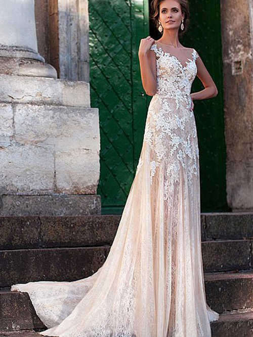 Mermaid V Neck Sweep Train Lace Bridal Gown