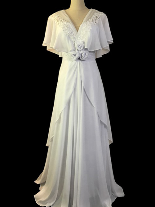 A-line V Neck Floor Length Chiffon Bridal Dress Flower