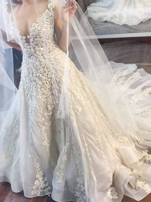 A-line V Neck Court Train Organza Wedding Dress Applique