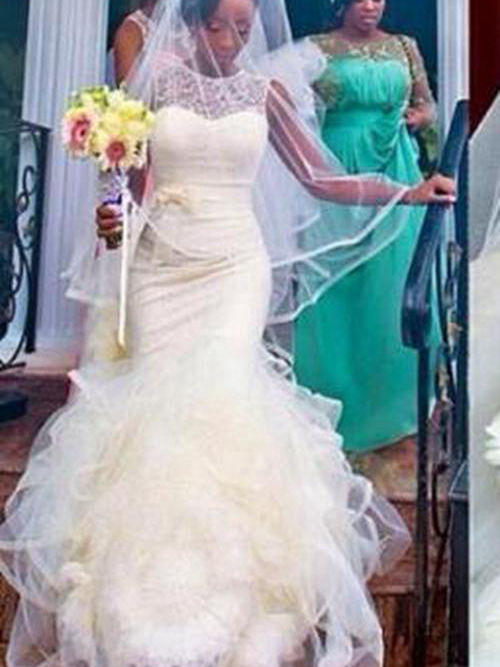 Mermaid Jewel Floor Length Organza Lace Bridal Dress