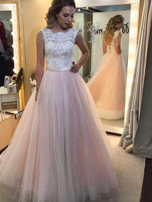 A-line Scoop Brush Train Tulle Lace Bridal Dress