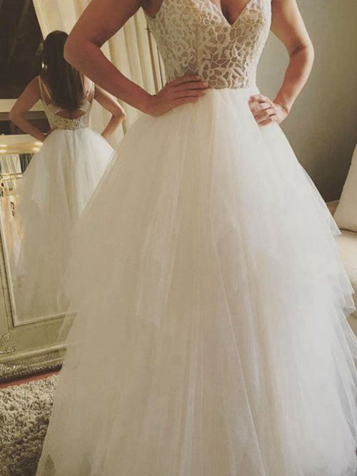 A-line V Neck Floor Length Tulle Bridal Gown