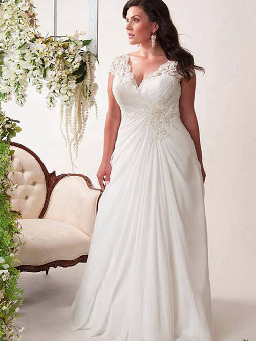 A-line V Neck Floor Length Chiffon Bridal Dress Lace