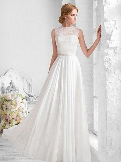 A-line Jewel Floor Length Chiffon Lace Bridal Dress