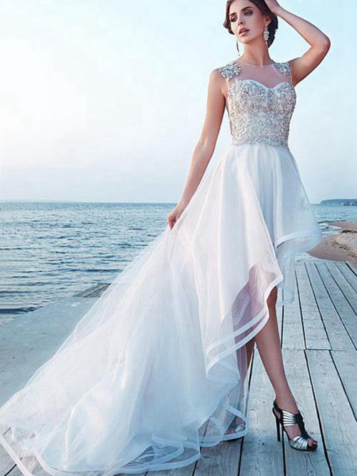 A-line Sheer High Low Organza Bridal Gown Beading