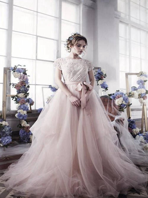 A-lineJewel Sweep Train Tulle Lace Wedding Dress Sash