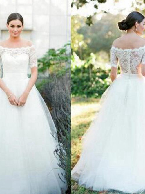 A-line Off Shoulder Floor Length Tulle Lace Wedding Gown