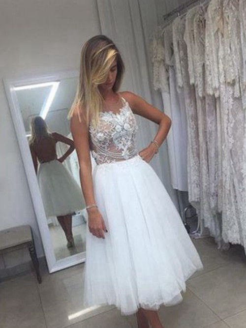A-line Scoop Tea Length Tulle Wedding Dress Lace