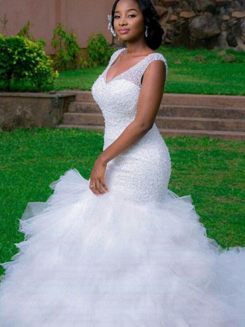 Mermaid V Neck Court Train Organza Wedding Dress Beading