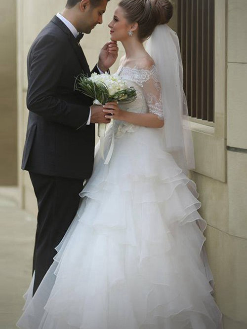 A-line Off Shoulder Floor Length Chiffon Lace Bridal Gown