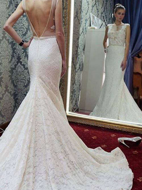 Mermaid Sheer Court Train Lace Wedding Dress