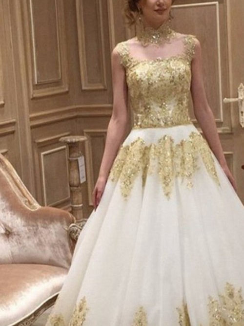 Princess High Neck Court Train Organza Bridal Gown Sequin