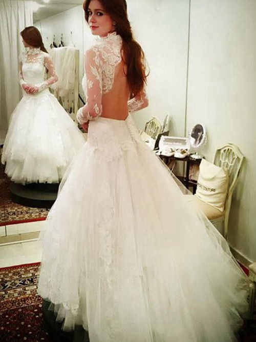 Princess High Neck Sweep Train Tulle Lace Wedding Dress
