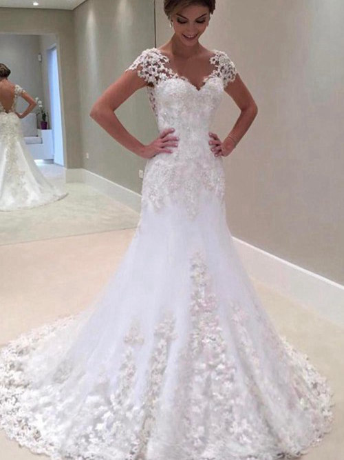 A-line V Neck Sweep Train Satin Lace Wedding Gown