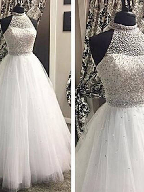 A-line High Neck Floor Length Tulle Wedding Dress Beading