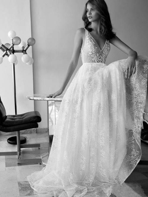 A-line V Neck Brush Train Lace Bridal Gown