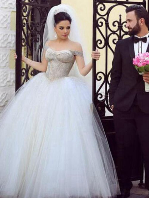 Ball Gown Off Shoulder Floor Length Tulle Bridal Wear Beading