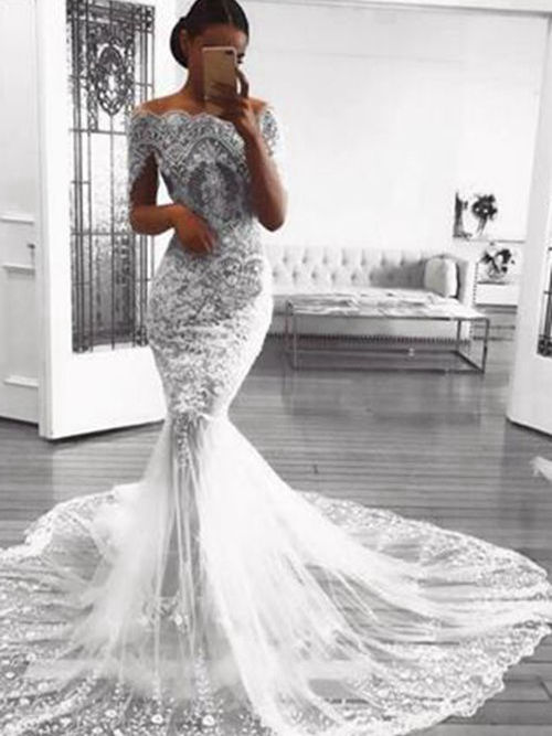Mermaid Off Shoulder Court Train Lace Wedding Gown Short Sleeves