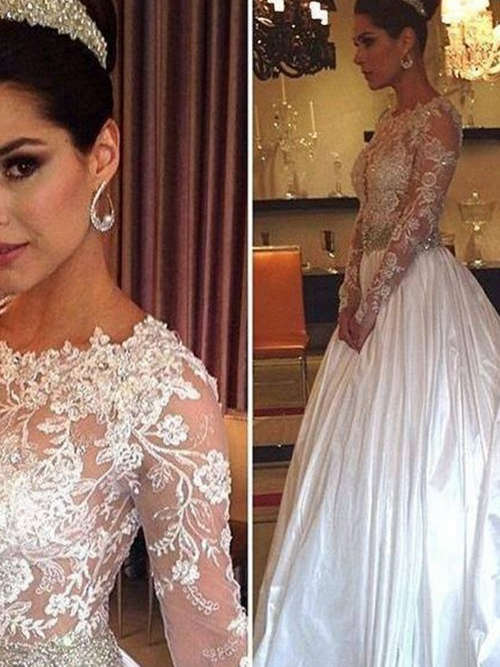 A-line Jewel Court Train Satin Lace Bridal Dress