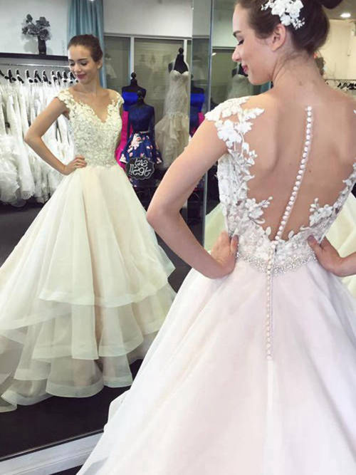 A-line V Neck Court Train Organza Lace Bridal Gown