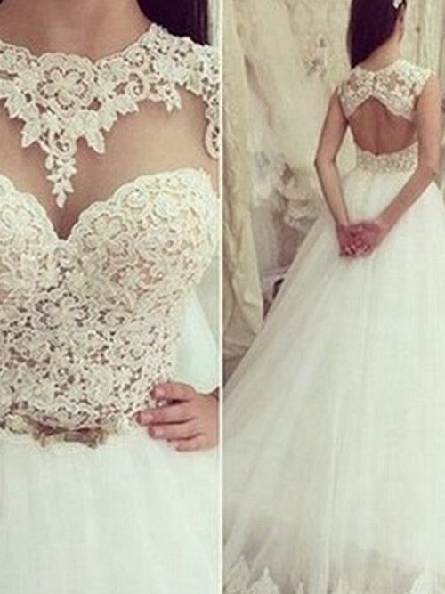 A-line Jewel Brush Train Tulle Lace Wedding Dress