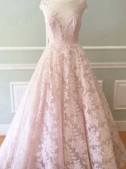A-line V Neck Sweep Train Lace Bridal Gown