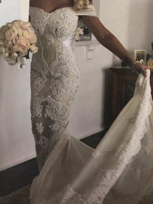 Sheath Off Shoulder Court Train Lace Wedding Dress