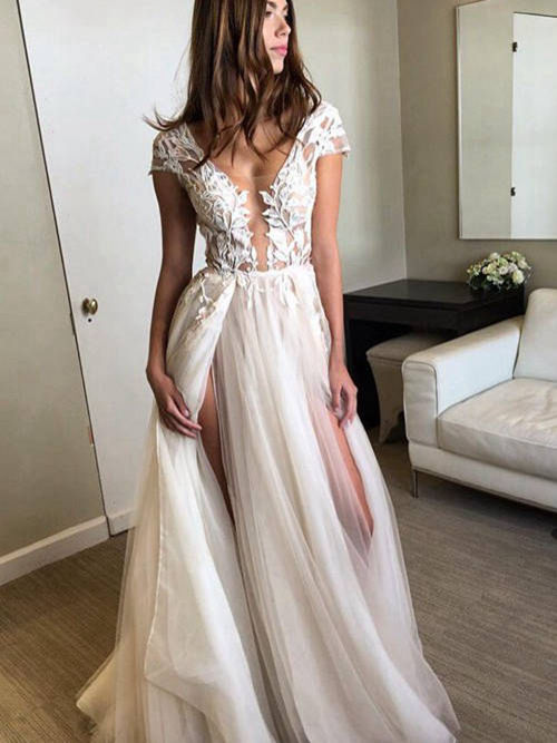 A-line V Neck Floor Length Tulle Bridal Dress