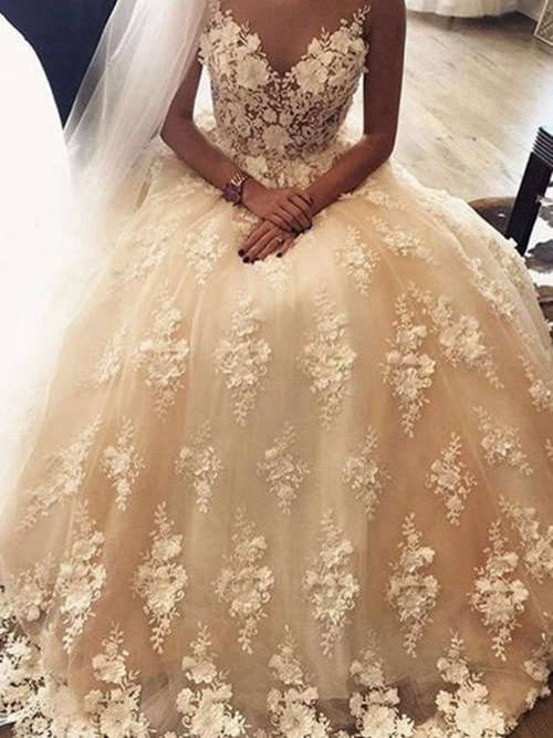 Ball Gown Sweetheart Sweep Train Orgnaza Bridal Wear Applique