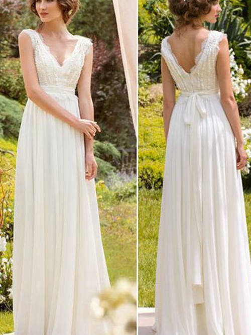Empire V Neck Floor Length Chiffon Lace Wedding Dress