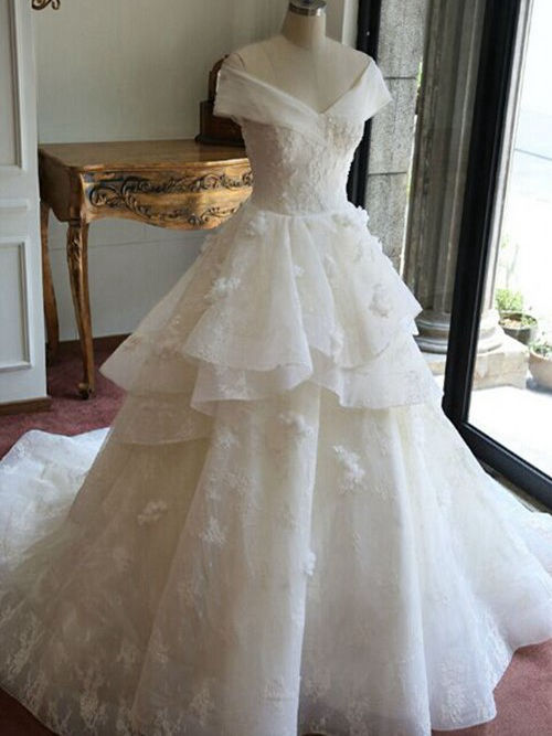 Princess Off Shoulder Court Train Organza Wedding Gown Applique