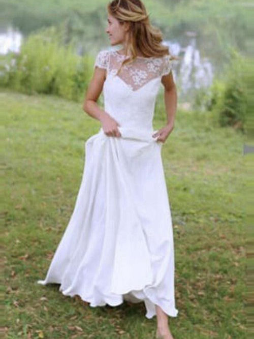 A-line Sheer Floor Length Chiffon Bridal Dress Applique