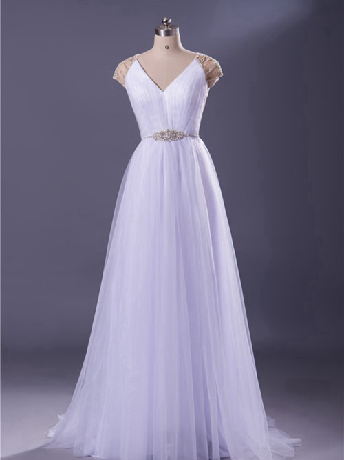 A-line V Neck Sweep Train Tulle Bridal Gown Beading