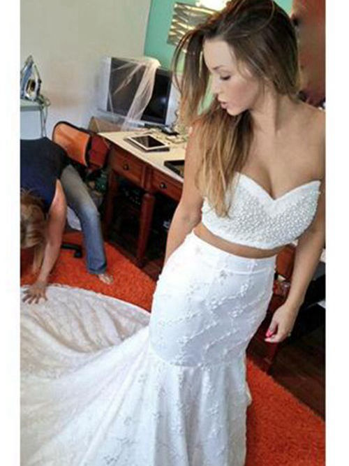 Mermaid Sweetheart Court Train Lace Wedding Gown Beading