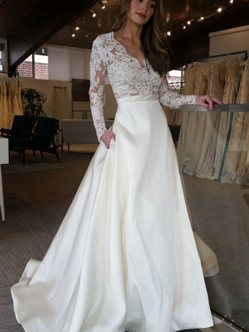 A-line V Neck Sweep Train Satin Lace Wedding Gown