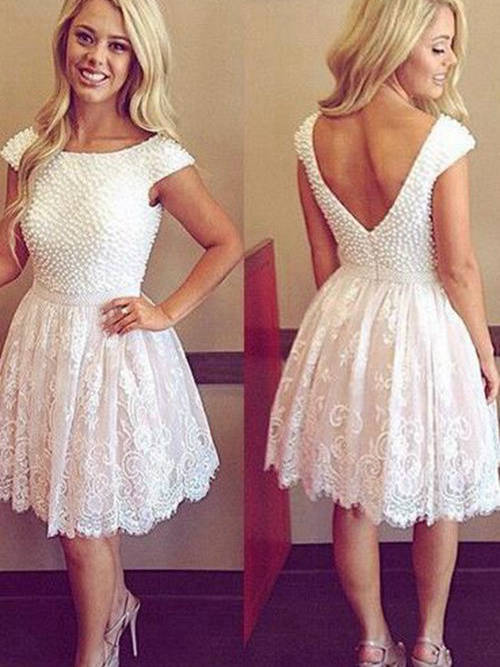 A-line Scoop Knee Length Lace Wedding Dress Beading