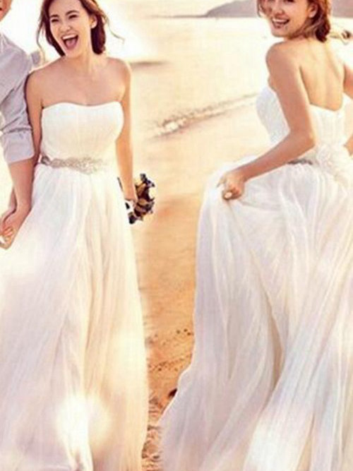 A-line Strapless Floor Length Chiffon Bridal Dress