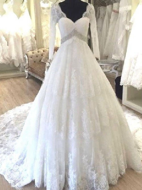 A-line V Neck Court Train Lace Wedding Dress Long Sleeves