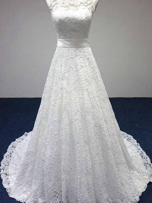 A-line Scoop Sweep Train Lace Wedding Gown