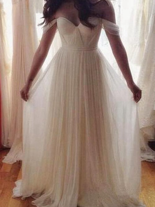 A-line Off Shoulder Floor Length Tulle Bridal Dress