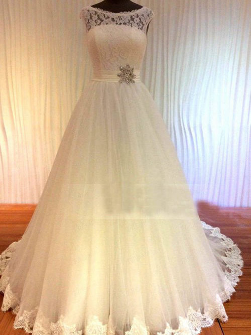A-line Bateau Sweep Train Organza Lace Bridal Dress